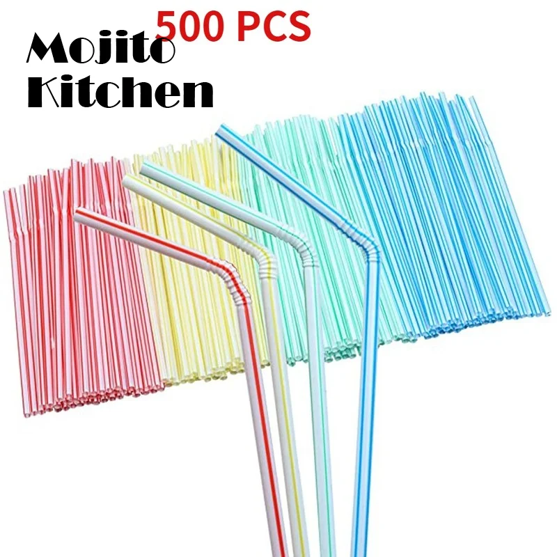 

500 Pcs Disposable Plastic Drinking Straws Multi-Colored Striped Bendable Elbow Party Event Alike Supplies Color Random