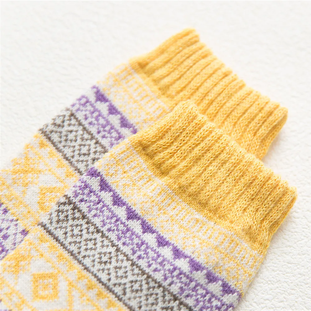 5 Pairs Winter Autumn Women Wool Socks Warmer Ethnic National Style Cashmere Thermal Thicken  Rhombus Women Socks