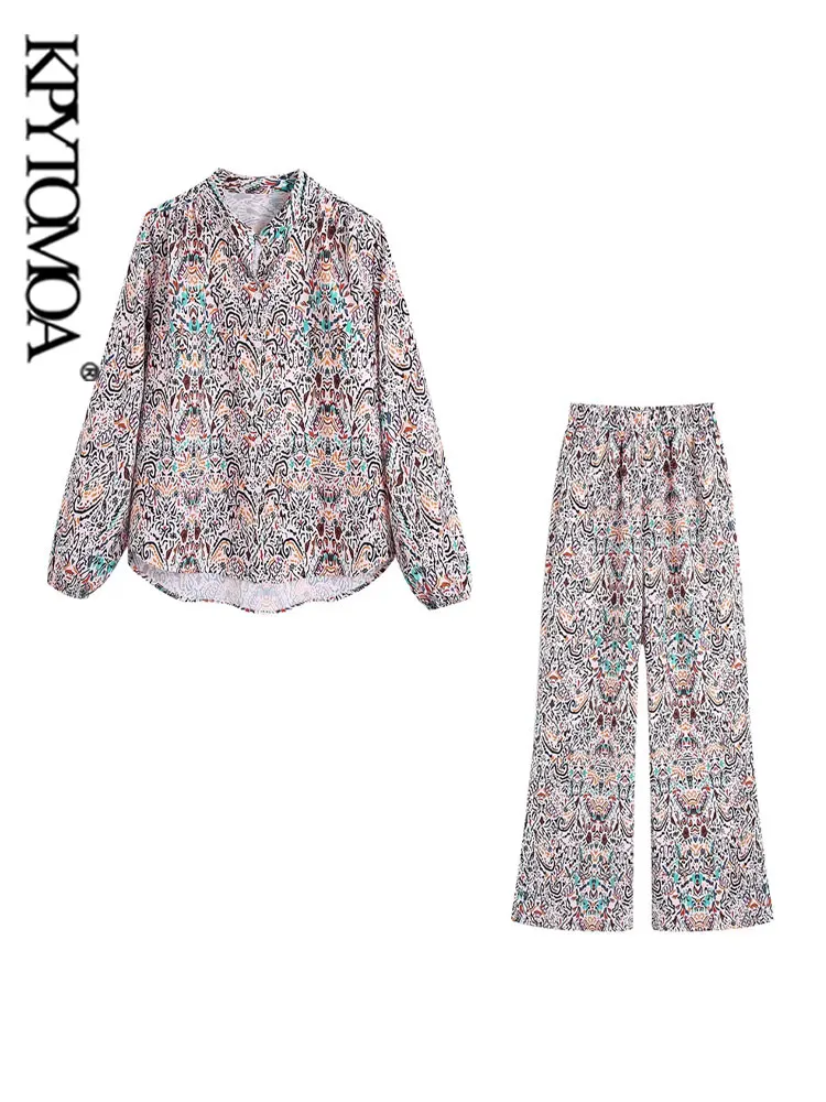 

KPYTOMOA женские Модные свободные Асимметричные рубашки с принтом и широкие брюки с высокой эластичной талией женские комплекты из двух предме...