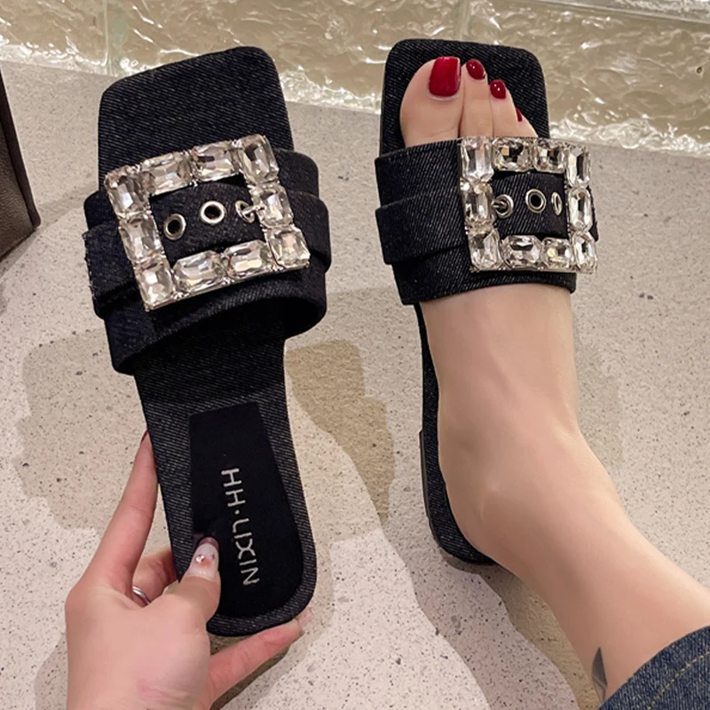 

Шлепанцы женские с квадратным носком, сандалии с кристаллами, плоская подошва, пряжка, Повседневная пляжная обувь, сланцы, лето 2023