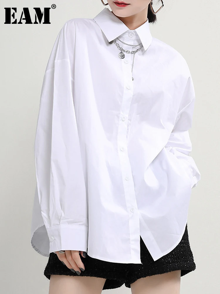 

[EAM] Женская белая короткая блузка большого размера, новая свободная рубашка с отворотом и длинным рукавом, модная весенне-осенняя 2023 1DD2152