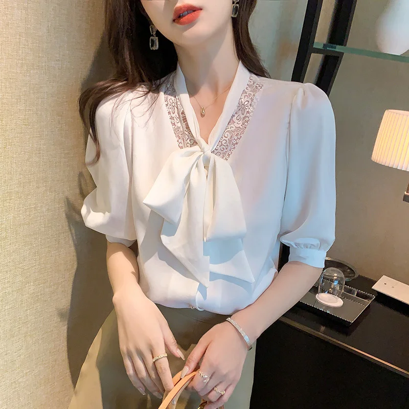 

Elegant Bowknot Blouse Short Sleeve White Shirt Office Ladies Top Casual Solid Single-Breasted Puff Sleeve Lace Womens Blouses