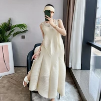 miyake pleated dress for women summer french style retro sleeveless special interest design warm soft style vest bud long dress