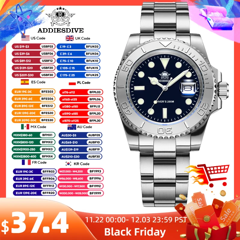Мужские кварцевые часы ADDIESDIVE с календарем Super BGW9 светящиеся мужские для дайвинга
