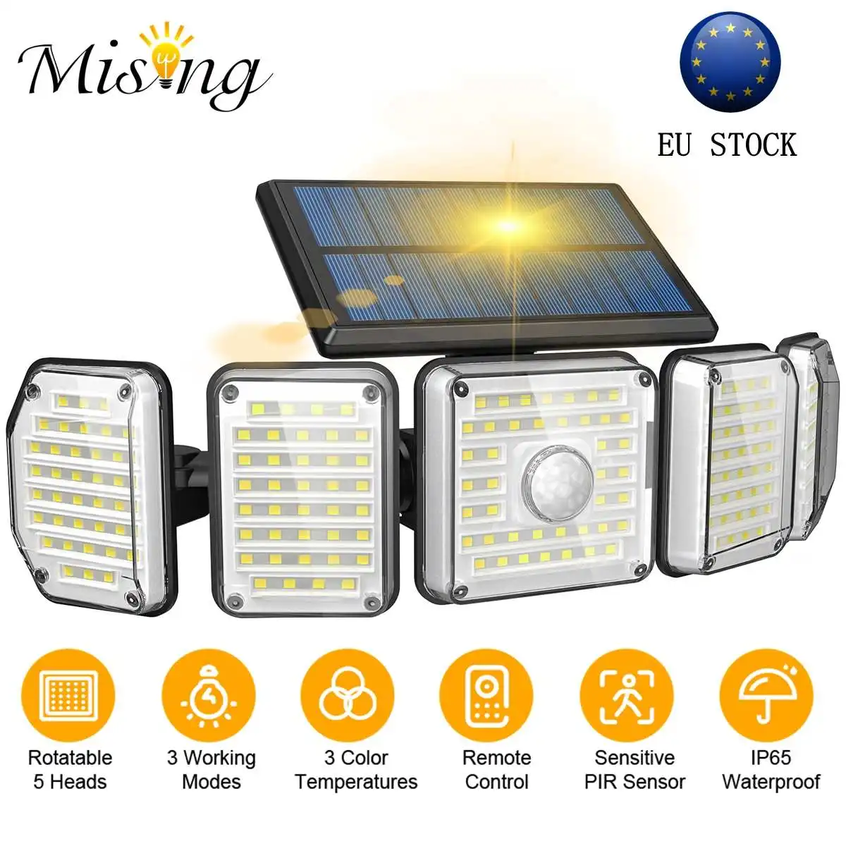 

214 LED 5 Head Bright Solar Lights Outdoor Waterproof Flood Dusk To Dawn Sun Powered Security Lighting Motion Sensor Detection