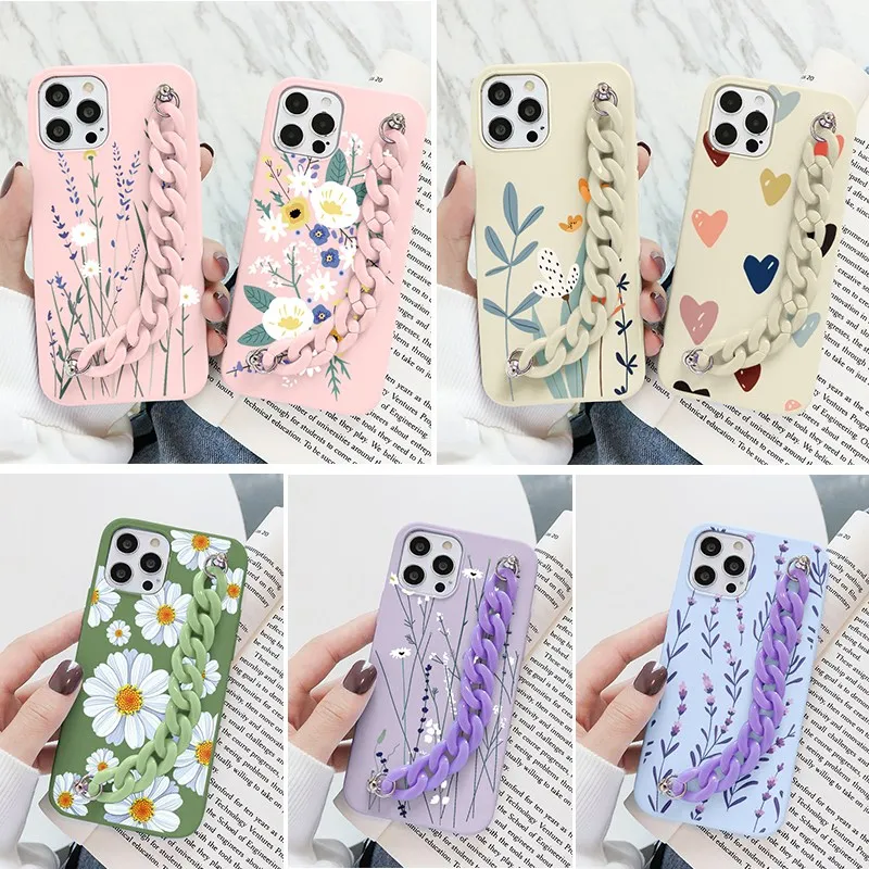 

For Huawei Nova 8I 5T P Smart 2021 Y6 Y7 2019 P50 P40 P30 P20 Mate Honor 50 Pro 20 10 Lite 10I 9X 8A 8X Wrist Chain Flowers Case