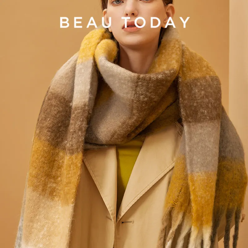 

Beautoday теплые шарфы женские бежевые клетчатые 180*40 см градиентный дизайн мягкая универсальная модная зимняя женская шаль 96601