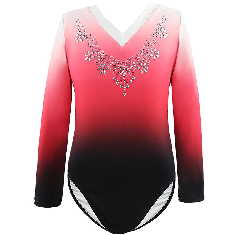 Gymnastics Leotard Girls Ballet Leotards Gradient Rhinestone V Collar Closed Crotch Dance Leotards Ballet Bodysuit Girls