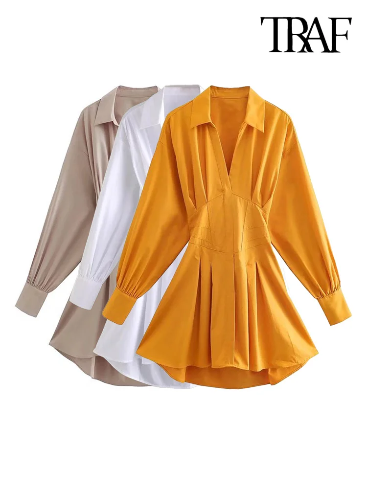 

Платье-рубашка траф женское с открытой спиной, модное приталенное винтажное Плиссированное мини-платье с длинным рукавом, с завязкой