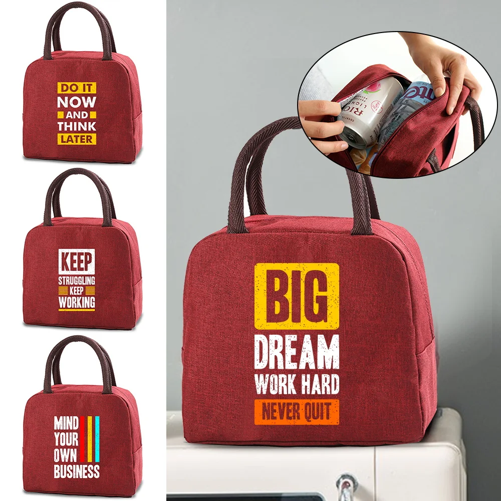 

Portable Lunch Bag Phrase Print Picnic Food Storage Bag Women Children Lunch Boxs Insulated Thermal Cooler Tote Travel Handbag