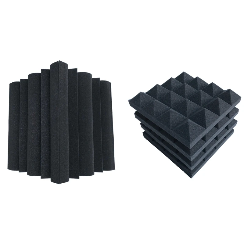 

16 Pcs Acoustic Foams:12 Pcs Soundproofing Foam Sound Absorption Pyramid Studio Treatment Wall Panels & 4 Pcs Corner Bass Trap A