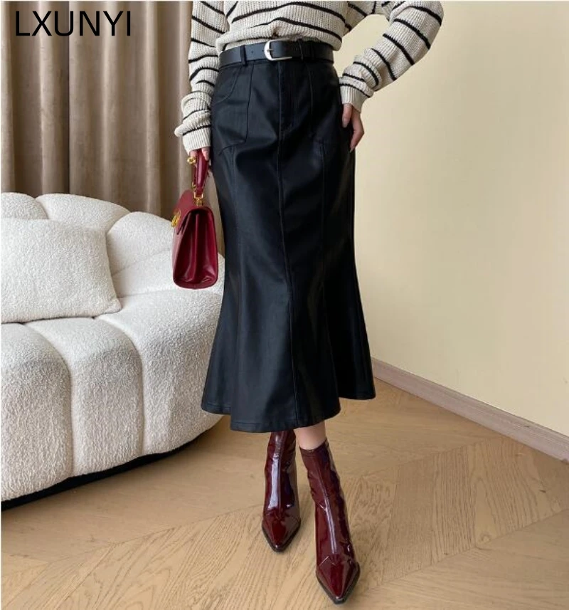 

LXUNYI Faux Leather Skirts for Women Formal Autumn Winter 2023 High Waist Slim Long Mermaid Skirt Sexy Fashion Ladies PU Skirts