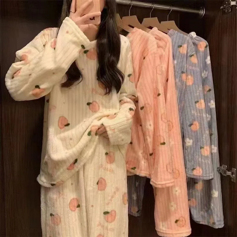 Cute Sweet Autumn Winter Warm Pajama Set Women Chic Coral Fleece Peach Print Soft Homewear Female Sleepwear Pyjamas 2 Piece Sets
