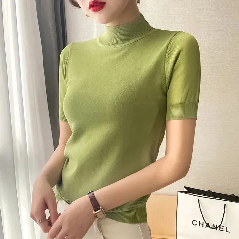 

Sid Cor Simple Half High Clar Short Sleeve Knitted Sweater Korean Loose Plus Size 3xl over Sweater Women Basic Sweater