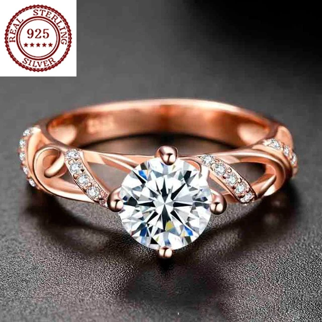 

Fashion Four-claw Micro-inlaid D-color Moss diamond Hollowed Ring S925 Silver Plated 18K Rose Gold Elegant Sweet Female Jewelry