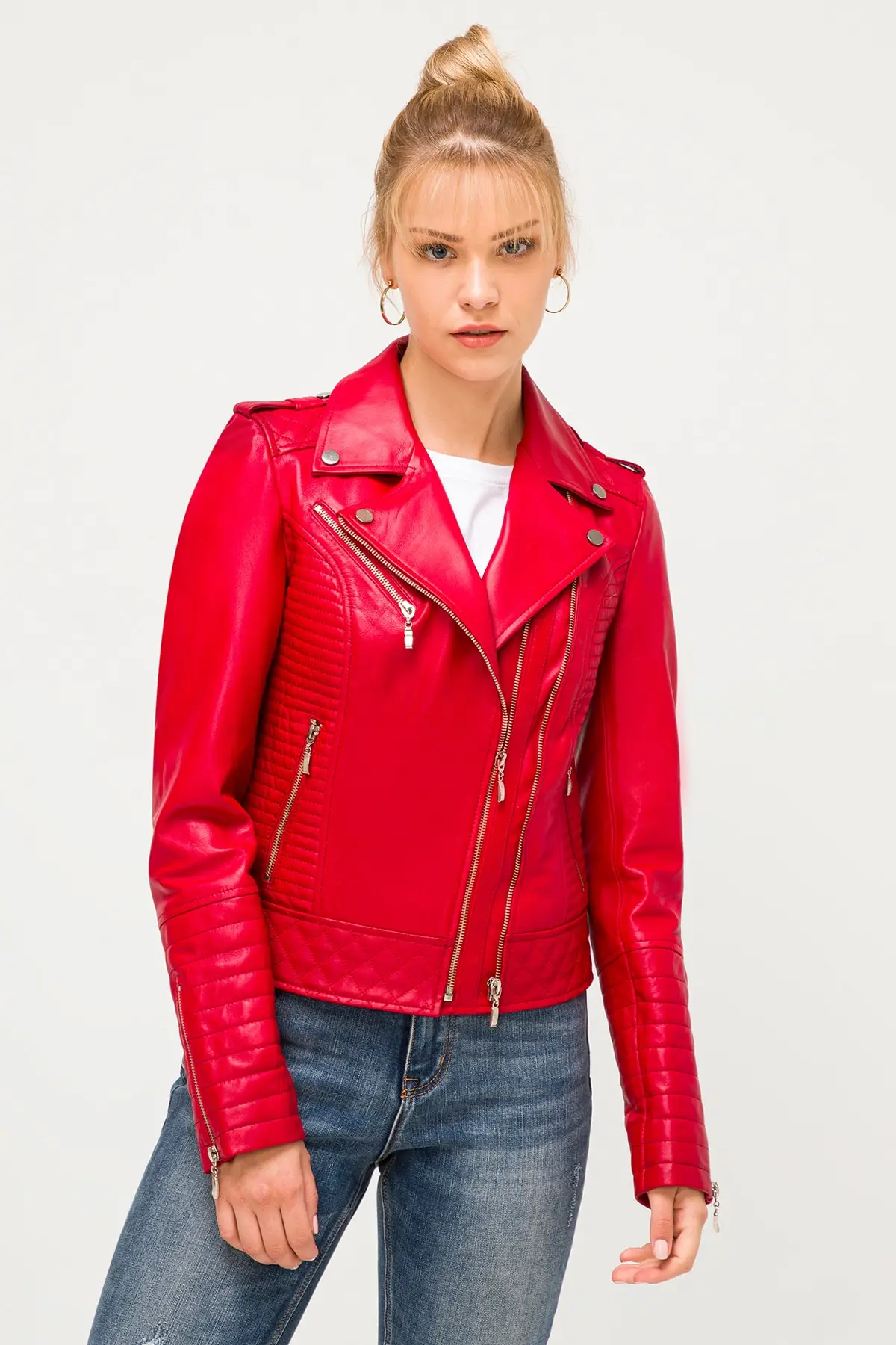 Genuine Leather women's coat real sheepskin red sports stitching coat autumn winter season clothing new fashion clothing collar