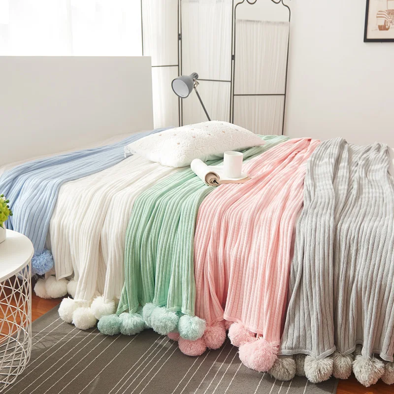 

Pom Pom Throw Blanket Knit Throw Cotton Blankets With Pompom Fringe Soft Plush DropshippingHome Selling Accessories