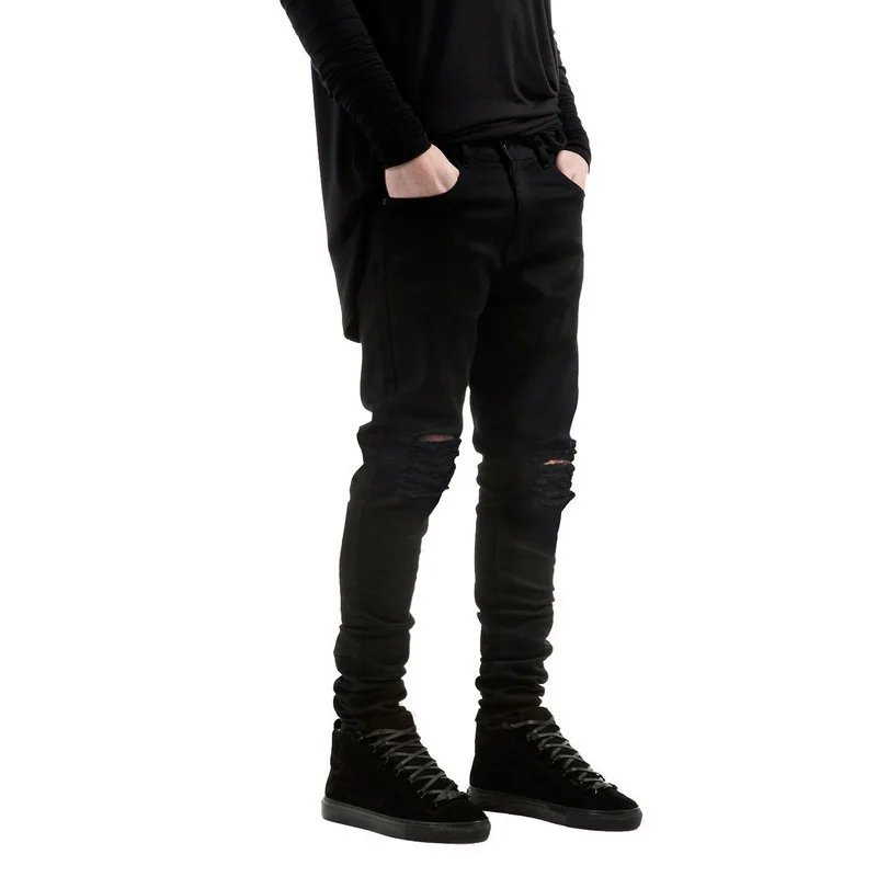 Streetwear Men Jeans Fashion Black Slim Fit Elastic Full Length Ripped Jeans Pantalones Vaqueros Elasticos Para Hombre