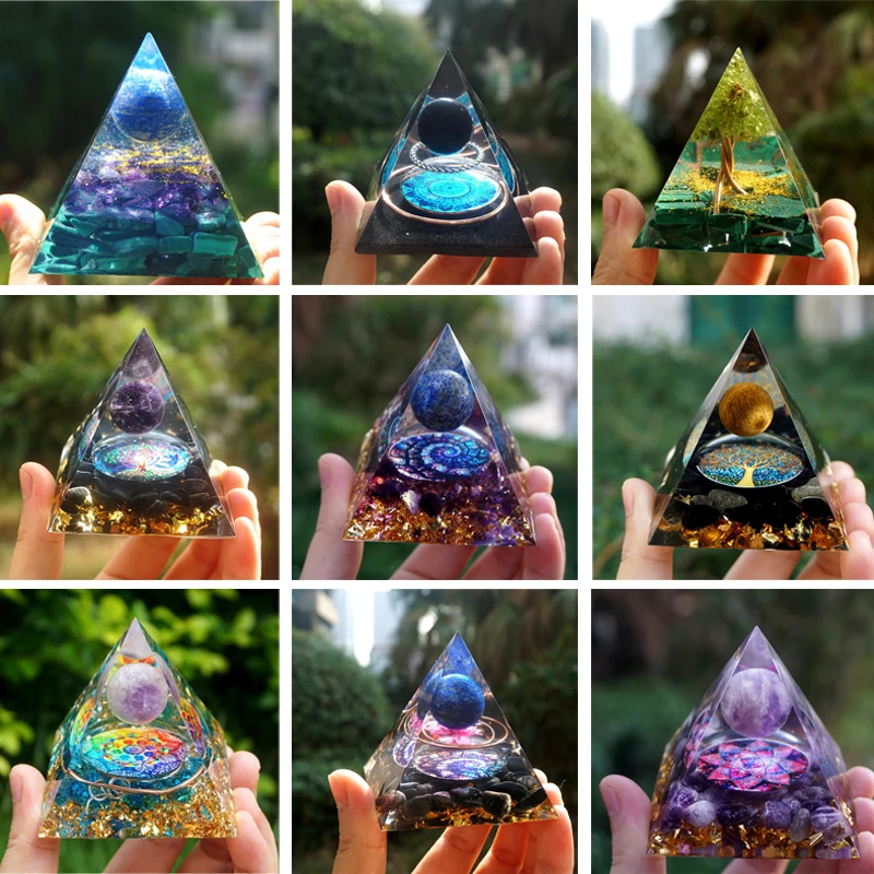 

11 Styles 3D Energy Healing Pyramid Natural Crystal Orgonite Pyramid Ornament (Size: 60x60x60mm)