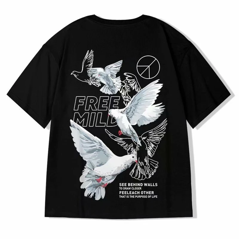 

Summer Men's Loose T-shirt Casual Dove of Peace Print Fashion Tops Male O Collar Gyms breathable harajuku t shirt Clothes