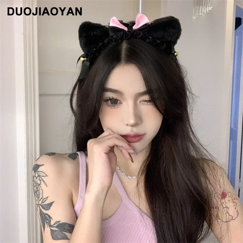 

Sexy Cute Little Wild Cat Plush Wooden Ear Bell Headband Lolita Lace Cat Ear Headband Wholesale