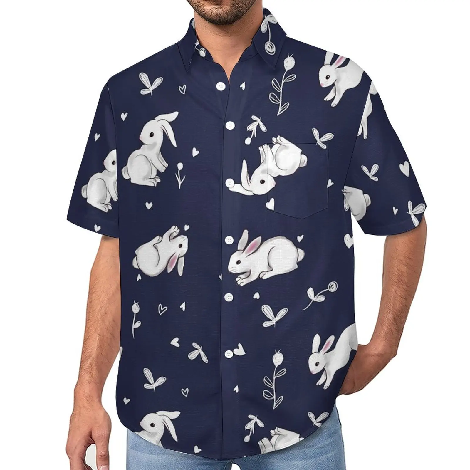 

Белая Повседневная рубашка с принтом кролика, Пляжная Свободная рубашка Kawaii Bunny, Гавайские винтажные блузки, дизайнерская одежда большого размера с коротким рукавом