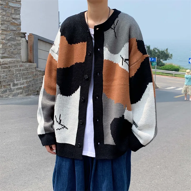 

Harajuku Men's Sweater Coat Geometry Pattern O Neck Knitted Cardigan Retro Casual Handsome Autumn Winter Top 2022 Male Clothes