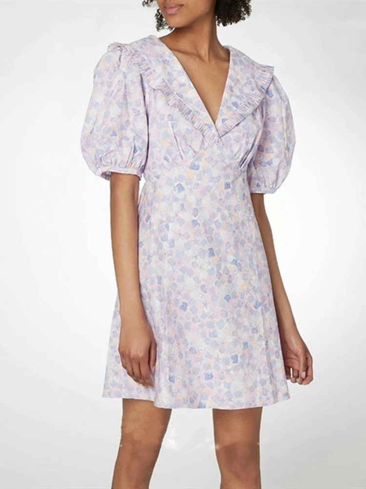 

Women Mini Dress Printing Slim V-Neck Pleated Puff Sleeve Vintage Robes