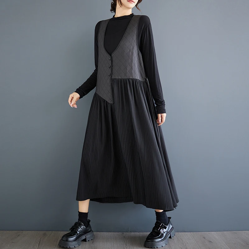 # 6880 Черные женские платья-майки с v-образным вырезом и пуговицами свободное