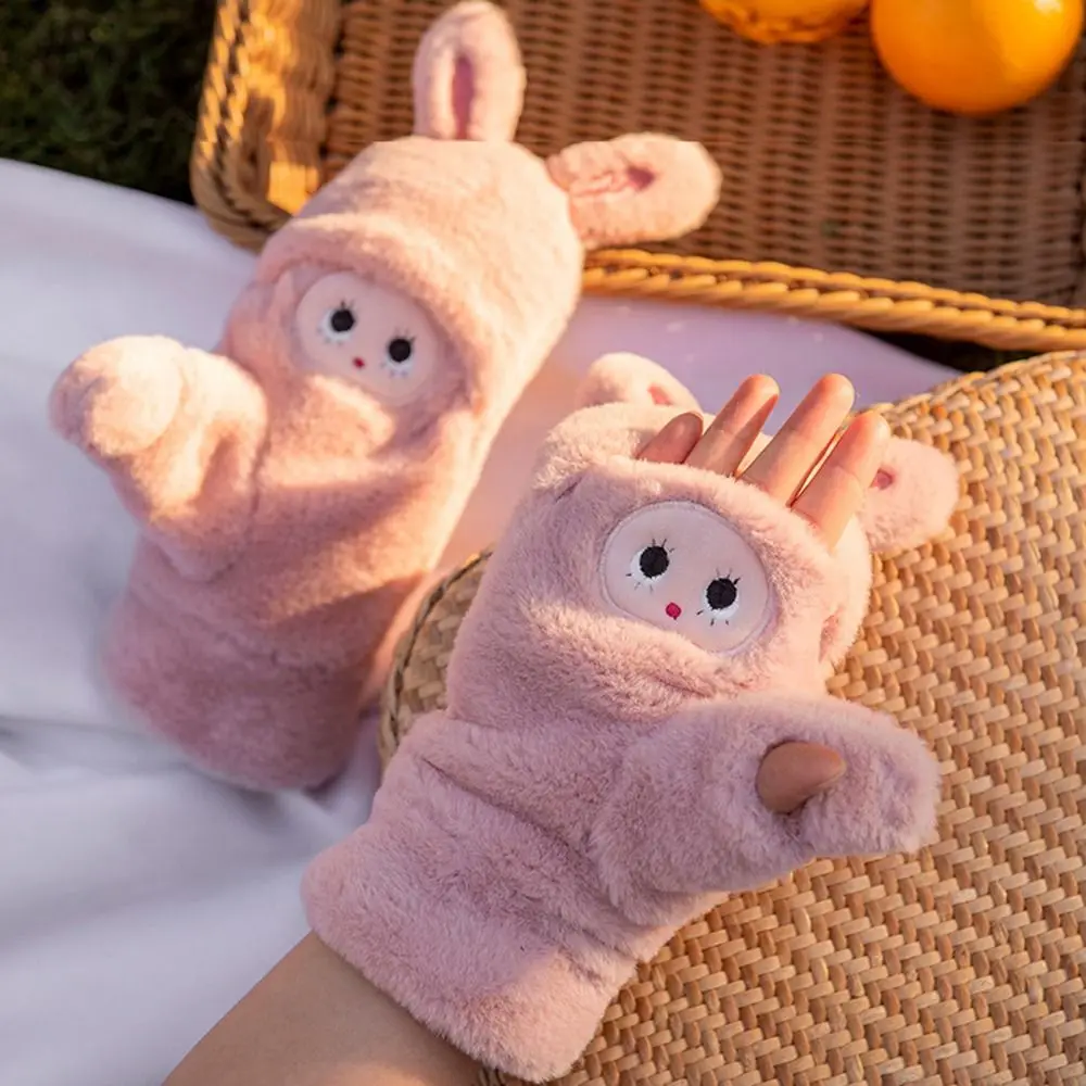 

Милые плюшевые теплые Утепленные перчатки с мультяшным принтом для вождения на открытом воздухе, перчатки с откидной крышкой, перчатки с кроличьими ушками, перчатки с откидной крышкой