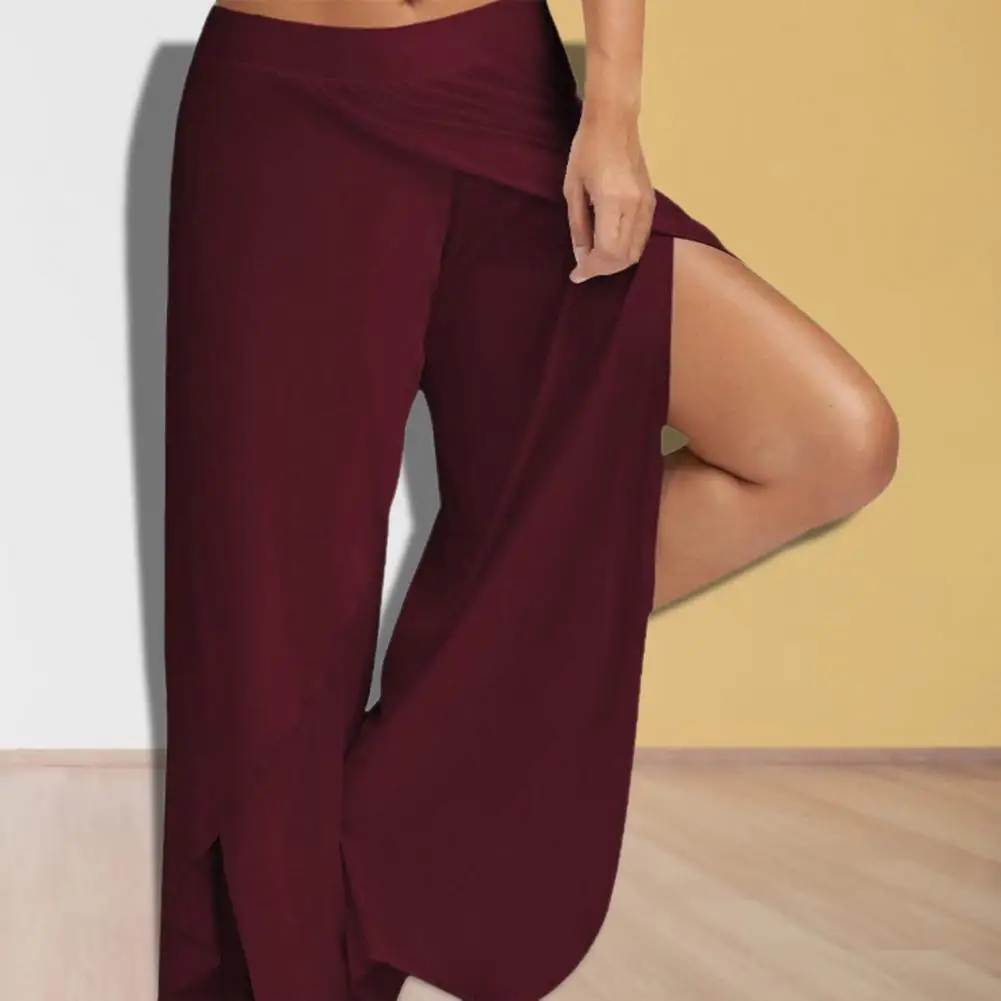 

Stylish Cropped Trousers Thin Workout Pants Mid-Rise Loose Fitness Dance Yoga Split Wide Leg Trousers Anti-pilling