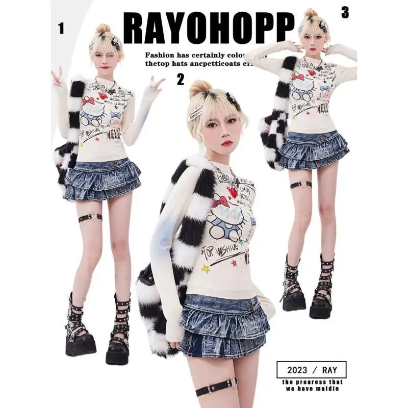 

Hello Kitty Y2K American Style Long Sleeved T-Shirt Women's Autumn Dopamine Wear Cartoon Doodle Kt Cat Printed Blouse Versatile