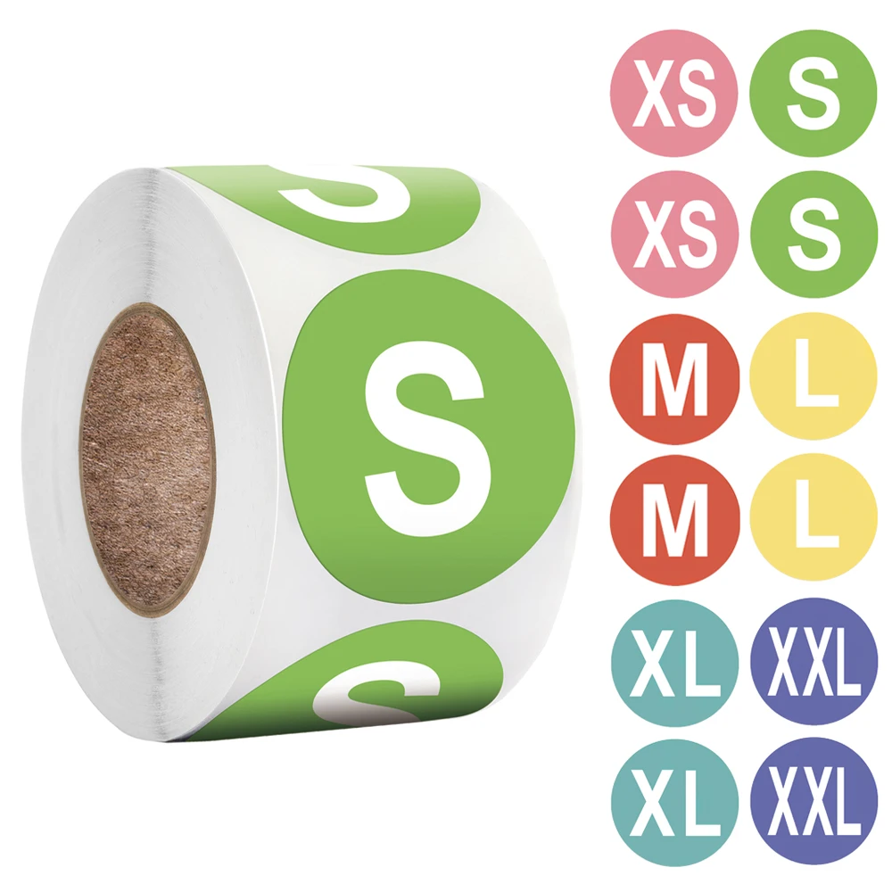 

500Pcs/Roll Round Size Stickers Self Adhesive Label 7 Sizes XS S M L XL XXL XXXL for Clothes Hat Habiliment Colorful Size Labels