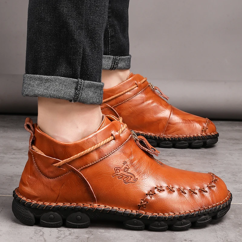 

Coslony Men Boots High Quality Leather Male Cow Leather Man Brown Ankle Boots Fashion Zipper Shoes zapatos de hombre big size 48