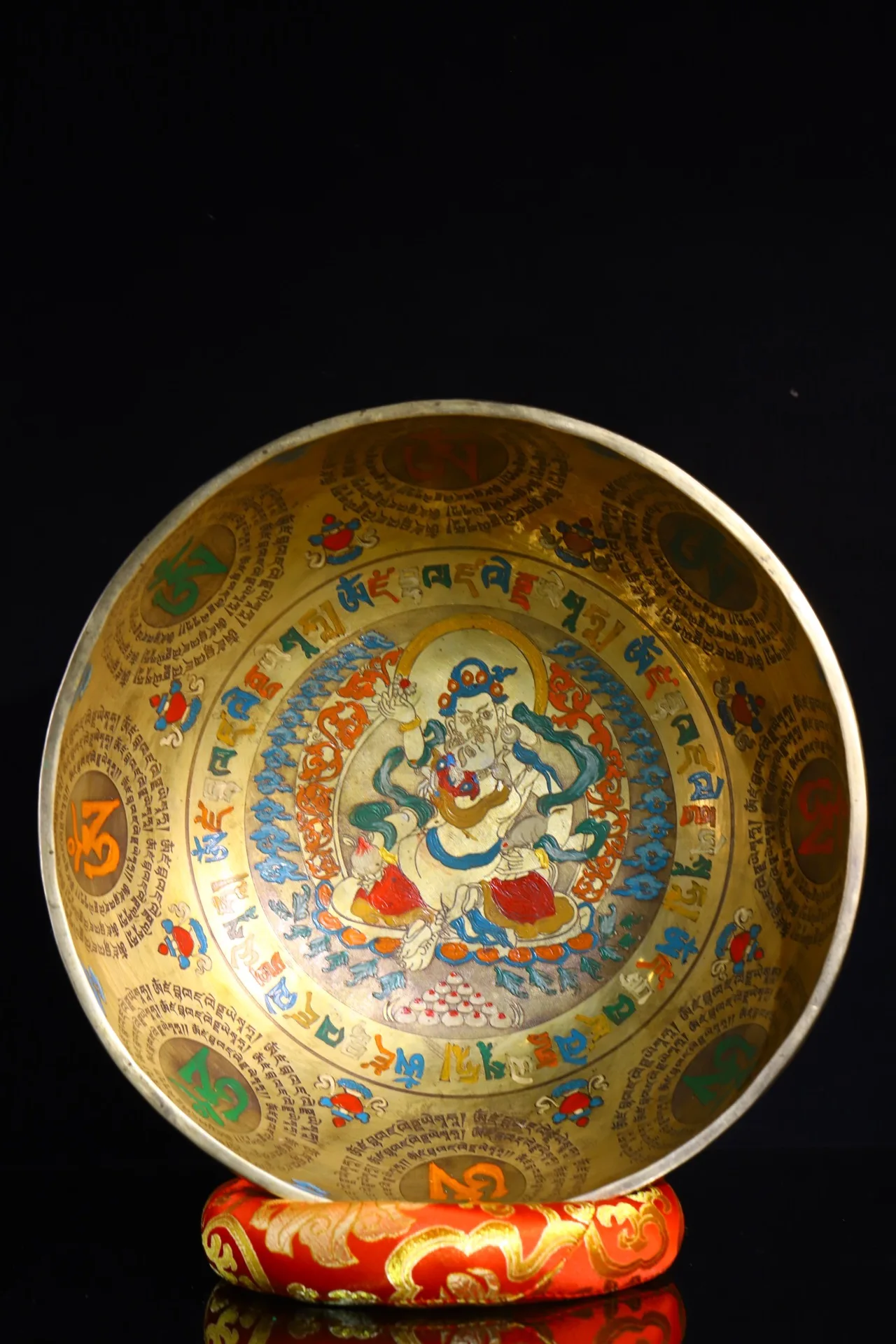 

11" Tibetan Temple Collection Old Bronze painted Yab-Yum Happy Buddha Buddha sound bowl prayer bowl Buddhist utensils Town house