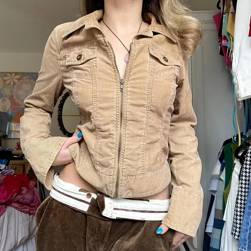 

jesień 2022 Khaki sztruks Y2K kurtki kobiety kieszenie szyte Cargo styl kurtka Varsity płaszcze rocznika Preppy znosić