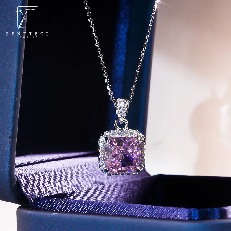 S925 Sterling Silver 18k Gold Plated Pink Diamond Necklace Women Luxury Set Princess Square Fancy Color 5A Zircon Pendant Women