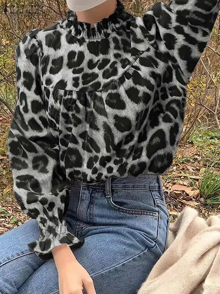 

Oversized Stylish Women Leopard Printed Blouse 2022 OL Spring Puff Sleeve Tops ZANZEA Casual Printed Stand Collar Blusa Femme 1