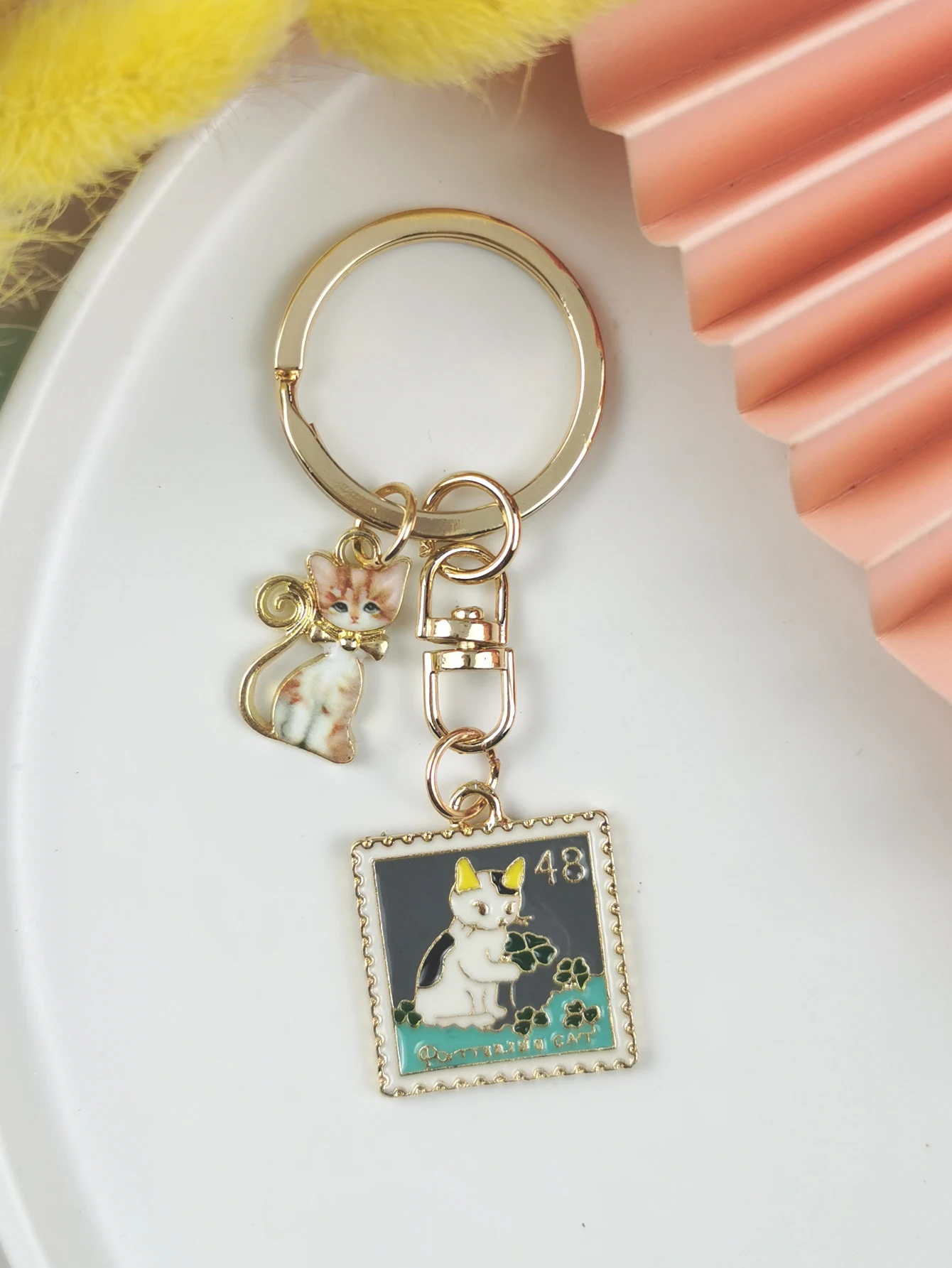 2Pcs Cute Animal Enamel Keychain Stamp Cat Keyring Key Chains Gifts For Female Handbag Key Dangle Handmade Jewelry