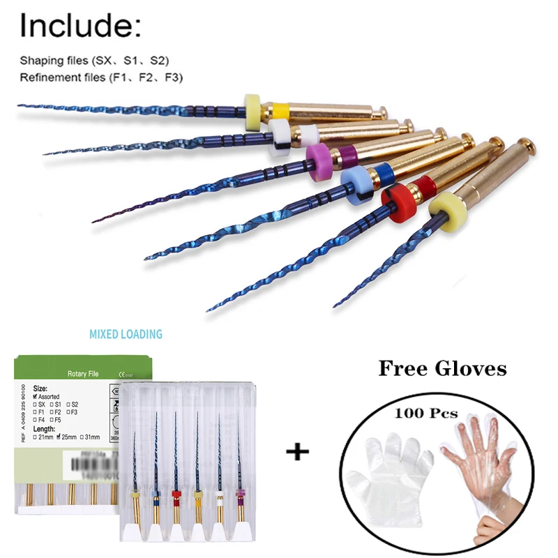 

6PCS/Box+Free Glove 100Pcs Ni-Ti Root Canal File,Can Bend for Large Taper Ni-Ti Root Canal File for Enlarging Needle Materials
