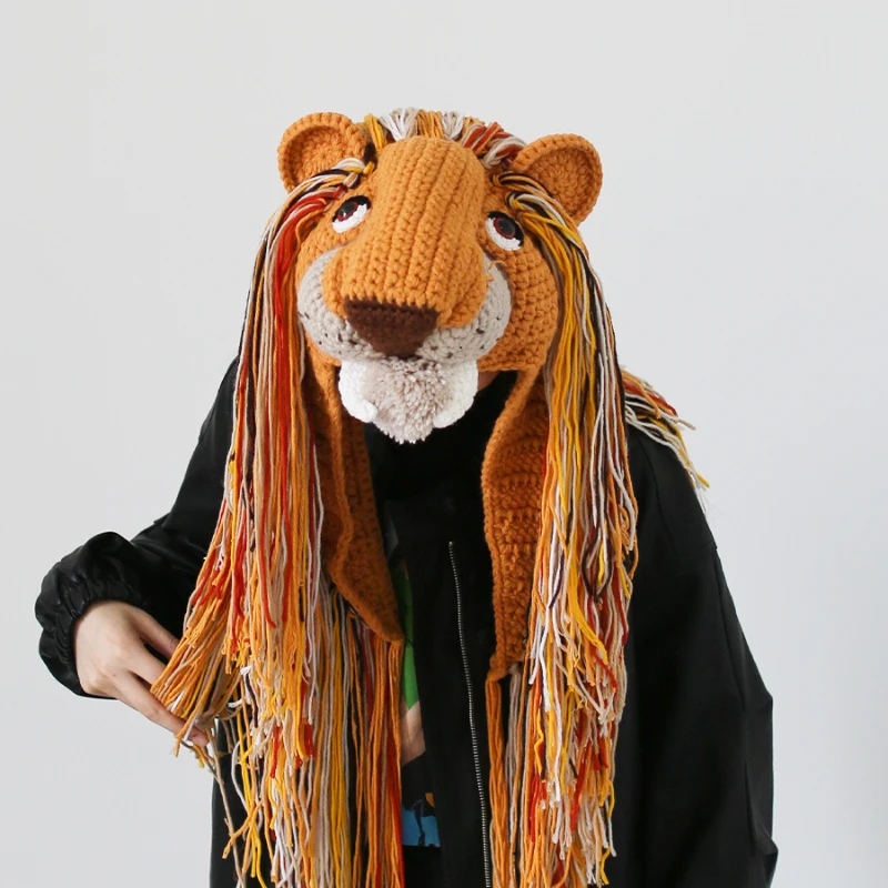 Шерстяная шапка для защиты ушей в стиле Харадзюку с изображением Льва и животных