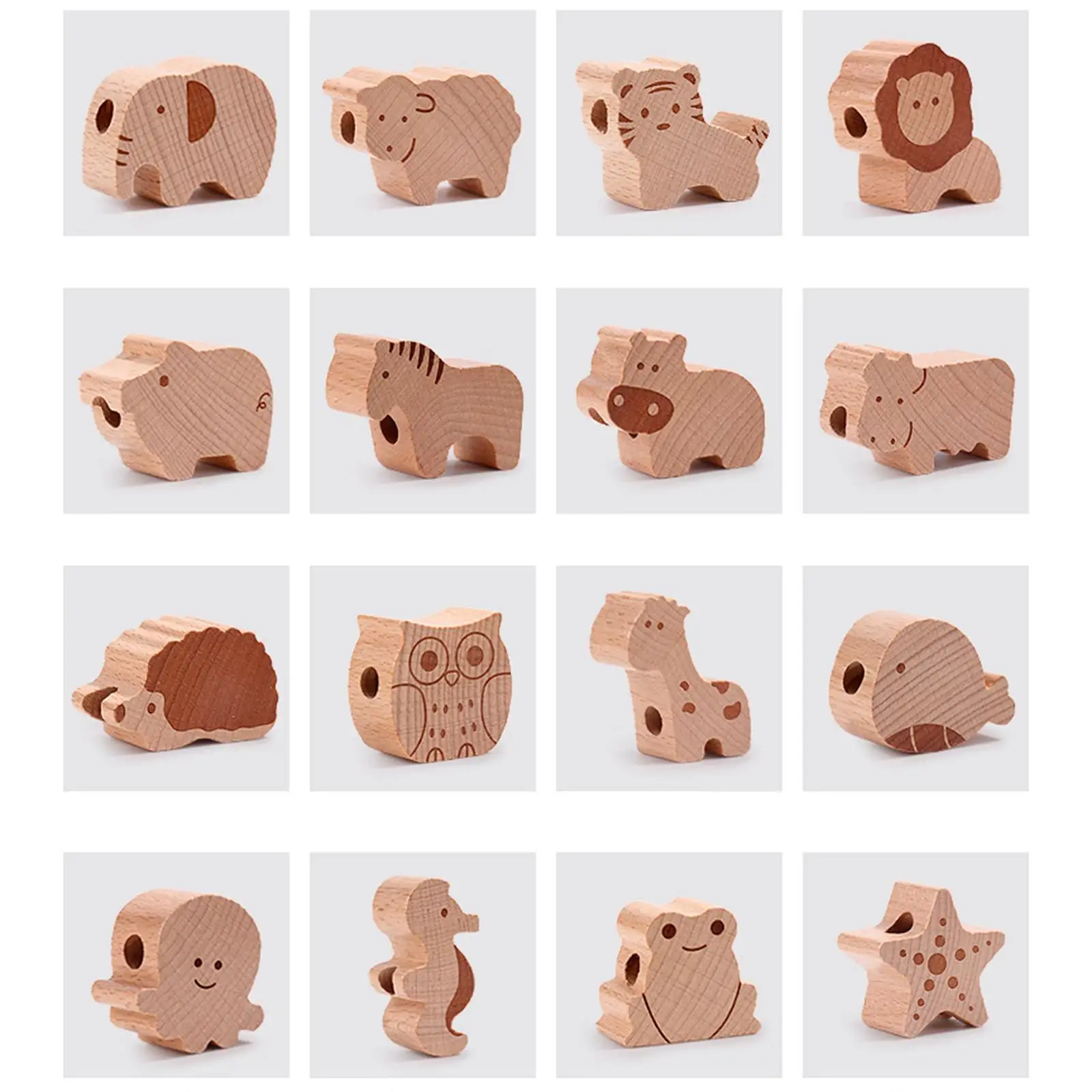 

16Pcs Wooden Animal Blocks Lacing Toy Learning Activities Monterssori for Birthday Gift Toddlers Boy Girl Children Preschool