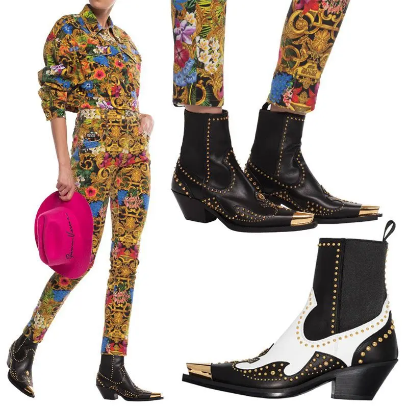 

2022European and American Style Rock Nightclub Metal Pointed Rivets Trendy Leather Ankle Boots Retro Sexy Thick Heel Punk Boots