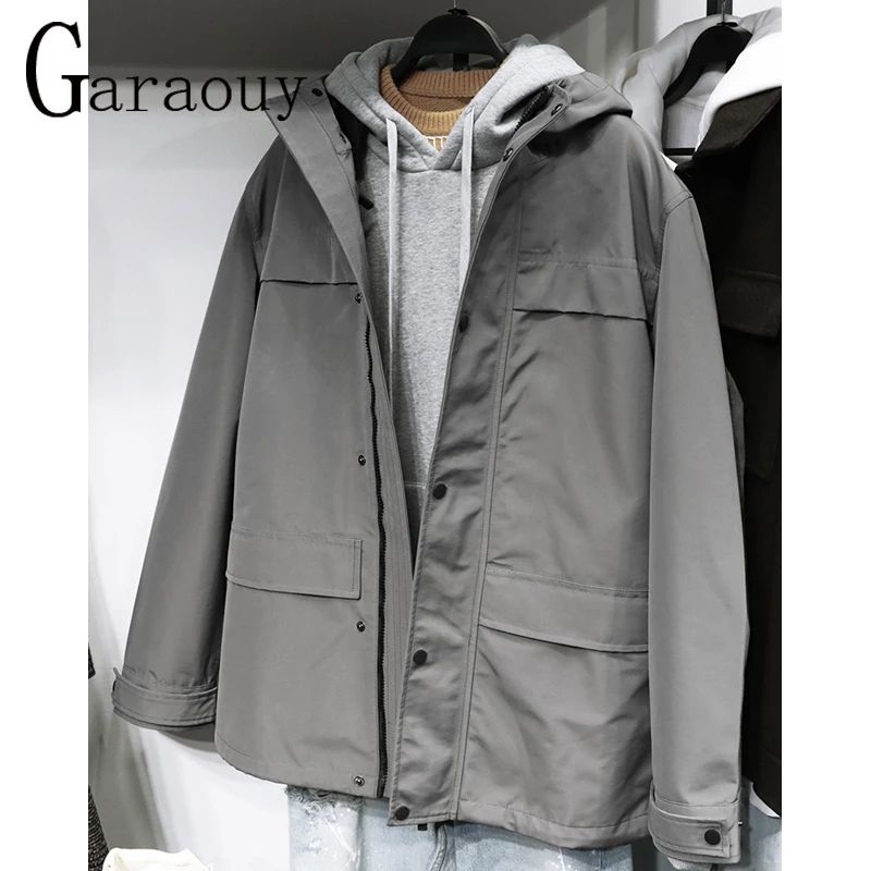 

Garaouy 2022 Autumn Winter Men's Hooded Windbreaker Jacket Chic Removable Vest Short Trench Coats Loose Simple Outwear Male Tops