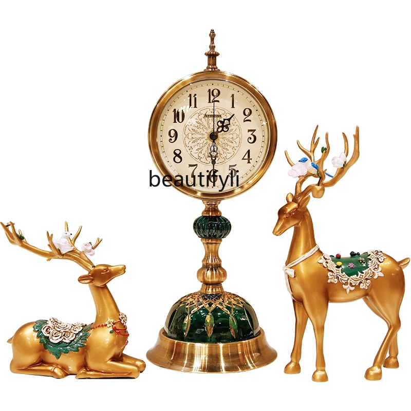 

zq European-Style Clock Home Living Room Clock Retro Clock Table Deer Decoration American Desktop Desk Clock