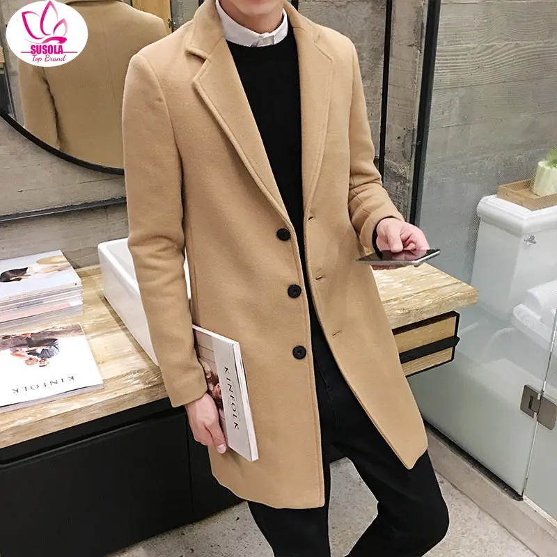 

SUSOLA Trend Men Wool & Blends Mens Casual Business Trench Coat Mens Leisure Overcoat Male Punk Style Blends Dust Coats Jackets