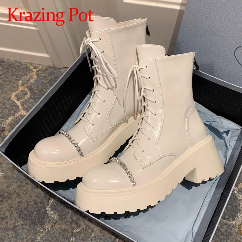 

Ботильоны Krazing Pot из натуральной кожи с круглым носком на высоком каблуке на толстой платформе для отдыха модные блестящие Элегантные ботильоны L08