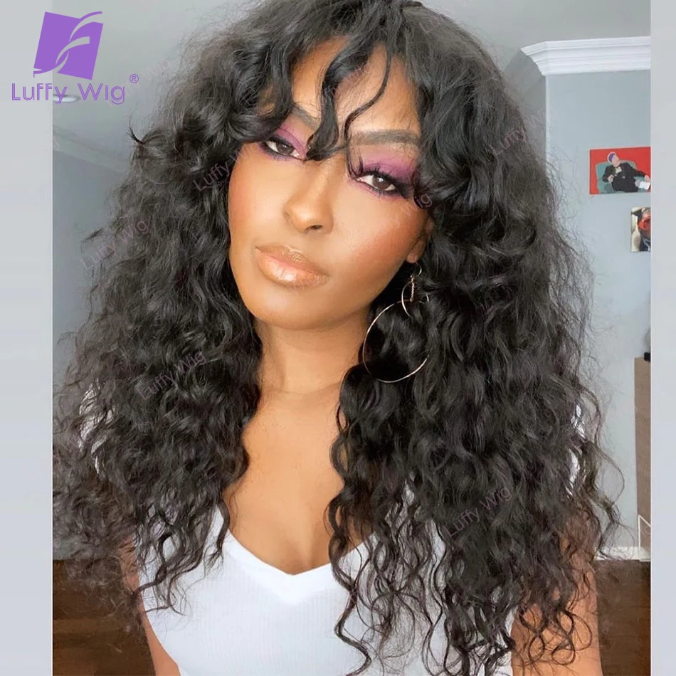 Loose Curly Wig Human Hair With Bangs 200 Density Brazilian Remy Hair Machine O Scalp Top Wig Glueless For Black Women Luffywig enlarge