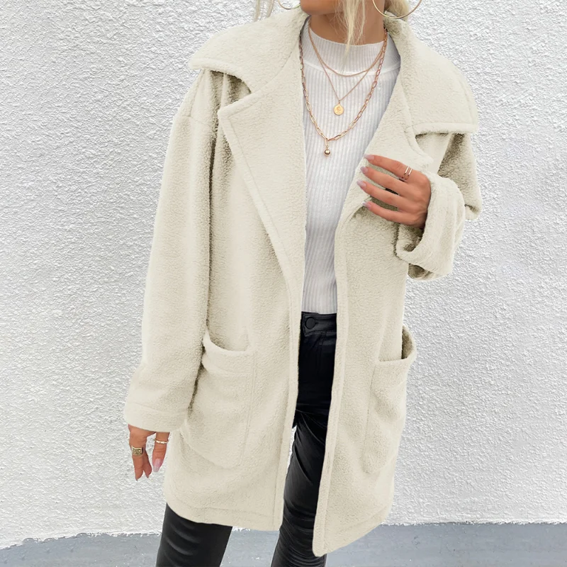 

2023 Autumn Winter Coat Women Solid Loose Pockets Cardigan Woolen Coat Women's Casual Long Sleeve Turn-down Collar Woolen Coat