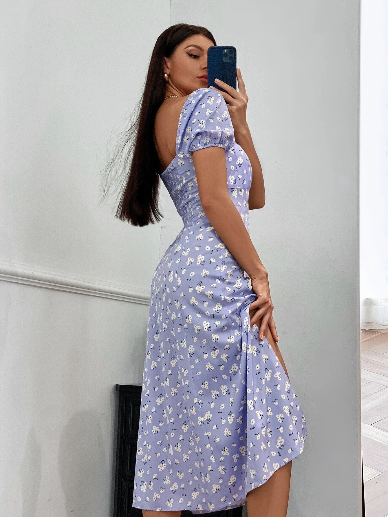 

y2kLadies blouse dress spring/summer lapel button long sleeve side dress elegant solid work office ladies waist high slit polka
